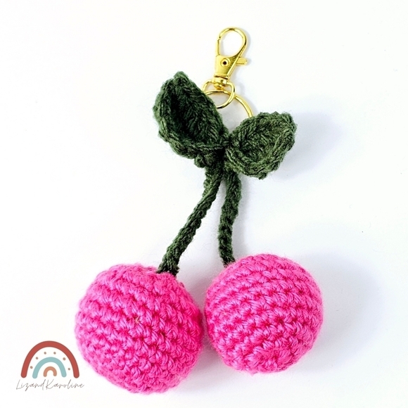 New! Handmade Crochet Pink Cherry Gold Hardware Keychain Bag Charm - Picture 5 of 7